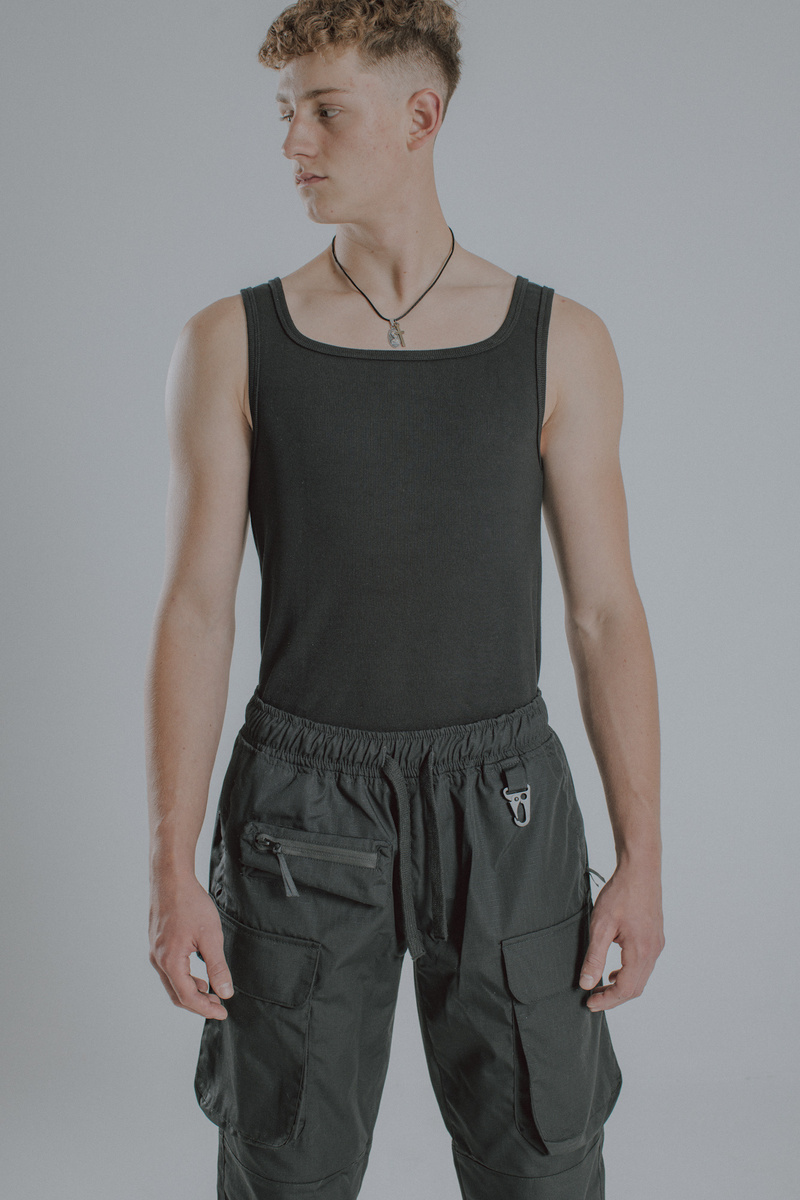 Heavyweight Ribbed Tank Top - Jet Black - Czarny prążkowany podkoszulek z grubej bawełny z elastanem