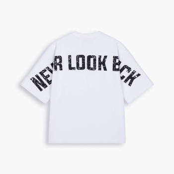 Kimono Tee - Pure White - Elegancka luźna koszulka o unikatowym kroju, nadruk na plecach NEVER LOOK BACK