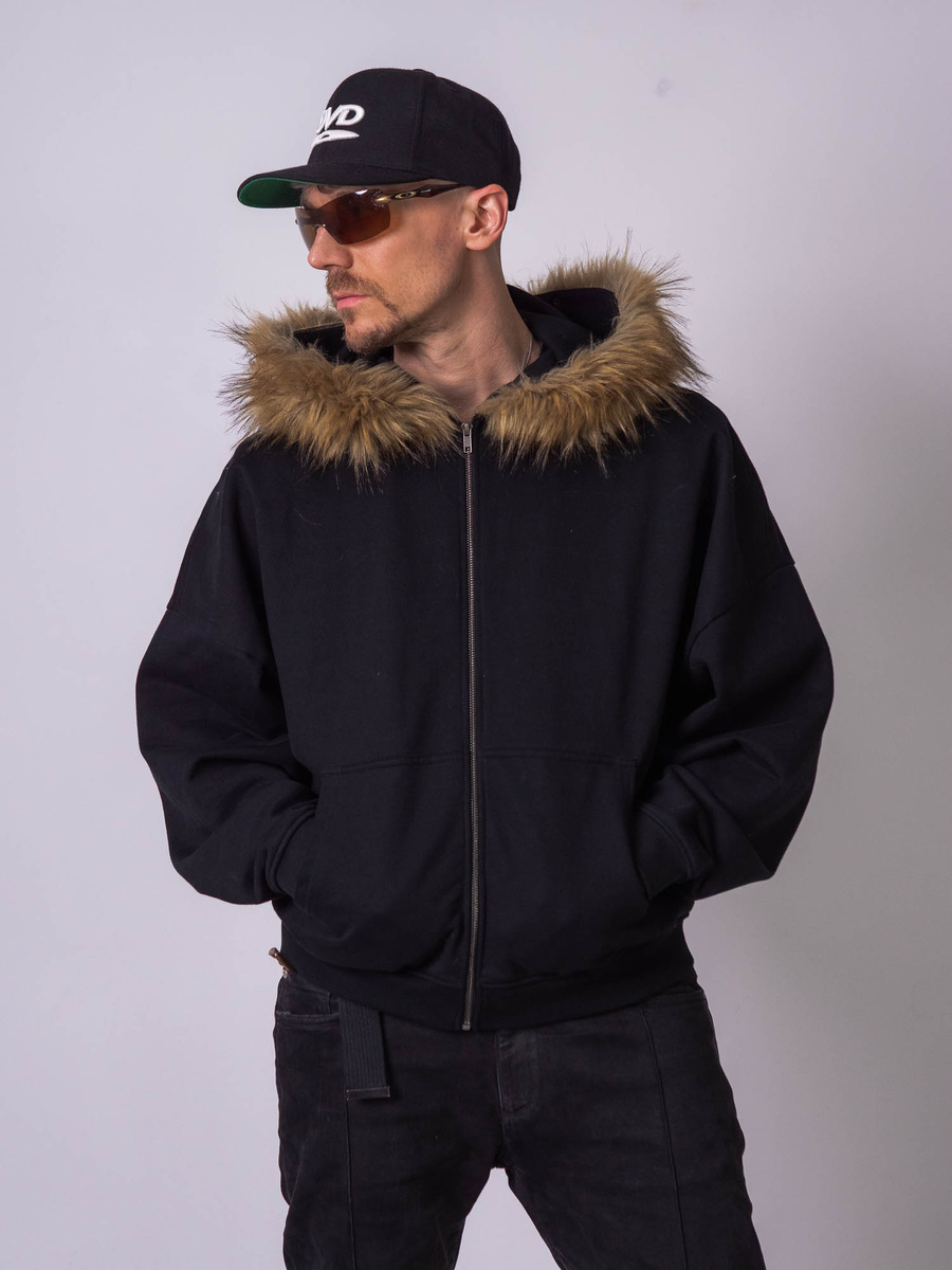 HEAVY FUR ZIP HOODIE - Onyx Black